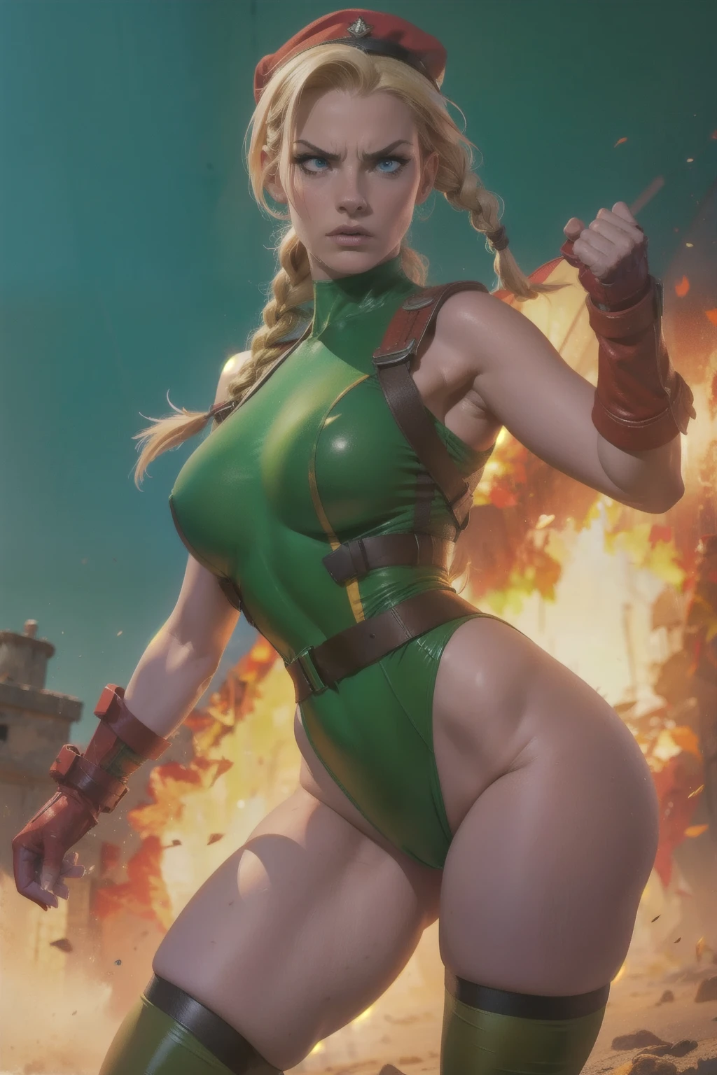 Hyper realistic super detailed sexy Cammy, Very detailed, (hyper realistic: 1.4), ((Hot body, in dynamic combat pose, angry face)), ((camel toes)), Classic green suite, twin braids, long hair, blonde hair,  blue eyes, scar on cheek, green leotard, large breasts, sleeveless, red gloves, fingerless gloves. (((army background))).