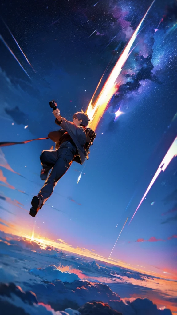 !Boy, ((camera position at feet looking up!)), manga perspective, camera at feet looking up!, night sky, shooting star,