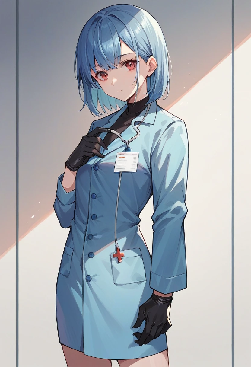 1girl, bangs, ((black medical gloves)), ((((long sleeves)))), looking at viewer, ((blue doctor outfit)), standing, solo