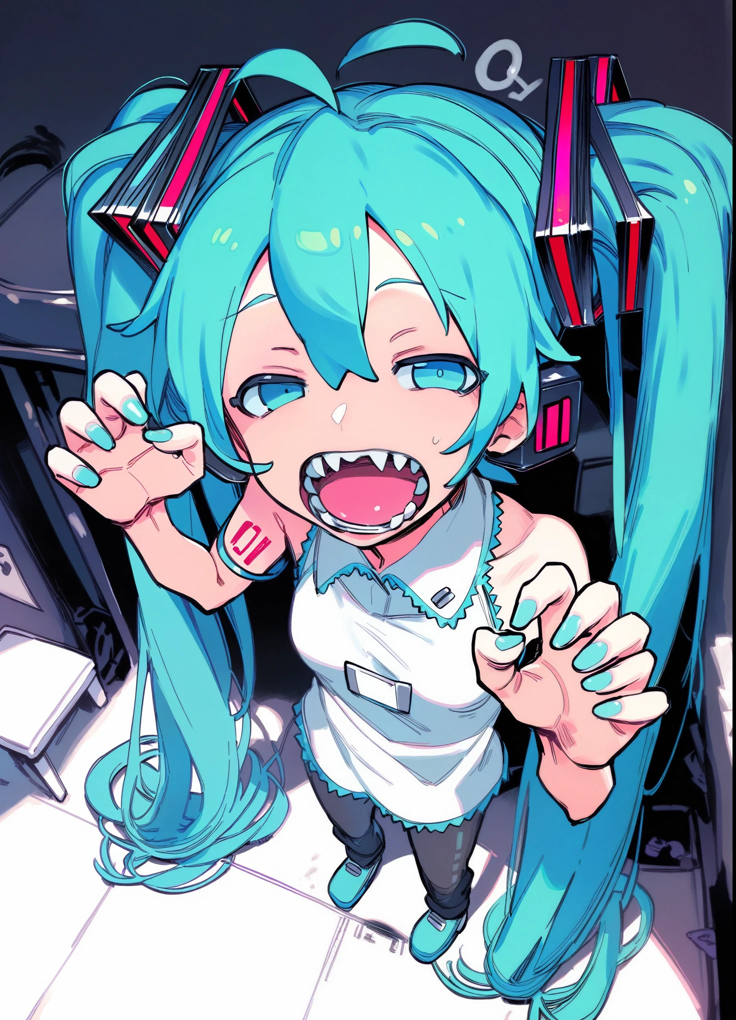 punctuation_9, punctuation_8_High above, punctuation_7_High above, punctuation_6_High above, father_style BREAK hatsune miku, 1 girl, :d, claw pose, hair between the eyes, hand High above, looking ahead at viewer, gaping mouth, raised eyebrows, sleeveless shirt, ssmile, standing alone, teeths, High aboveper body, High aboveper teeths only, pretty long hair, aquatic nail polish, half-closed eyes , black backdrop
