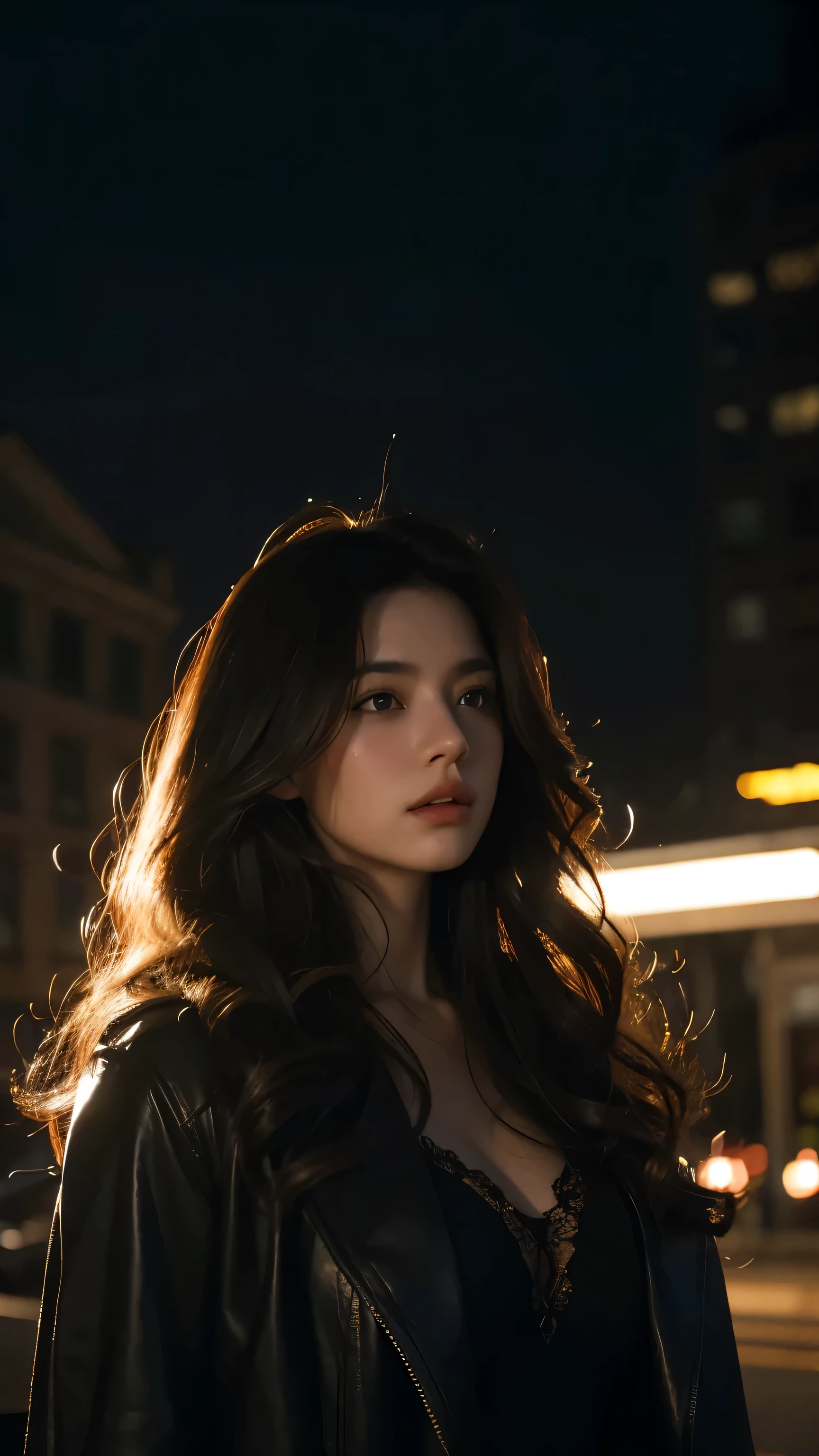 A girl with long curly hair, cinematic night scene, (best quality,4k,8k,highres,masterpiece:1.2),ultra-detailed,(realistic,photorealistic,photo-realistic:1.37),dramatic lighting,moody atmosphere,mysterious shadows,dramatic shadows,dramatic lighting,dramatic pose,intense focus,intricate details,volumetric lighting,cinematic angle,cinematic framing,chiaroscuro