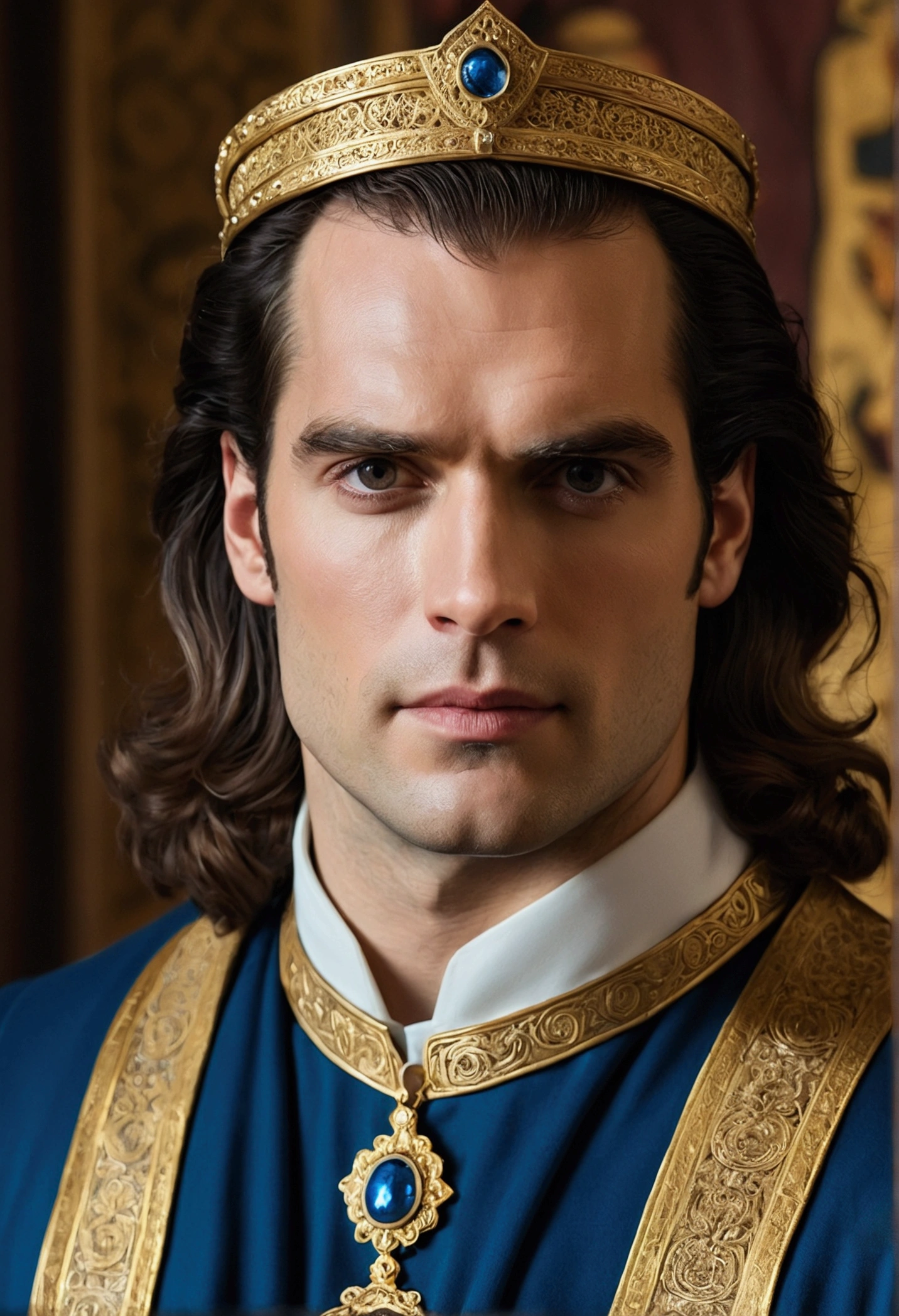 ((Лучшее качество)), ((шедевр)), (подробный),Henry Cavill, golden long hair, blond, clean face without beard, in the style of an Orthodox icon in blue colour, a halo of ice, a painting, The emperor's clothes, a medieval painting, "Saved by Man-made"