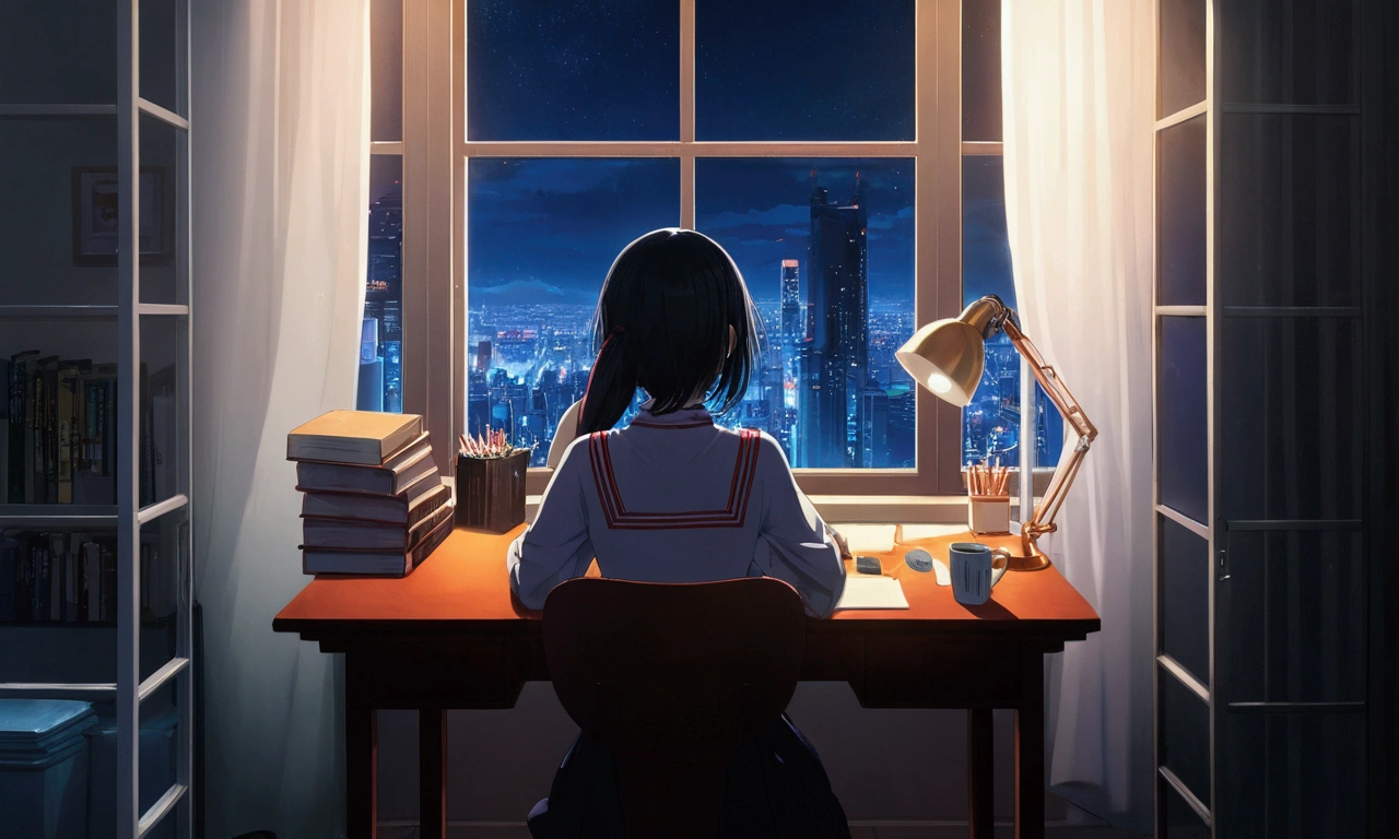 Large windows、One-sided window、Back view、night、Anime girl sitting at a desk in front of a window with a city view, Anime Background art, Anime Aesthetics, Anime Background, Anime atmosphere, anime wallpaper 4k, anime wallpaper 4k, Anime Aesthetics, 4k anime wallpaper, anime art wallpaper 4k, anime art wallpaper 4k, Anime Art Wallpapers 8K, Anime Girl Desktop Backgrounds, Awesome Wallpapers