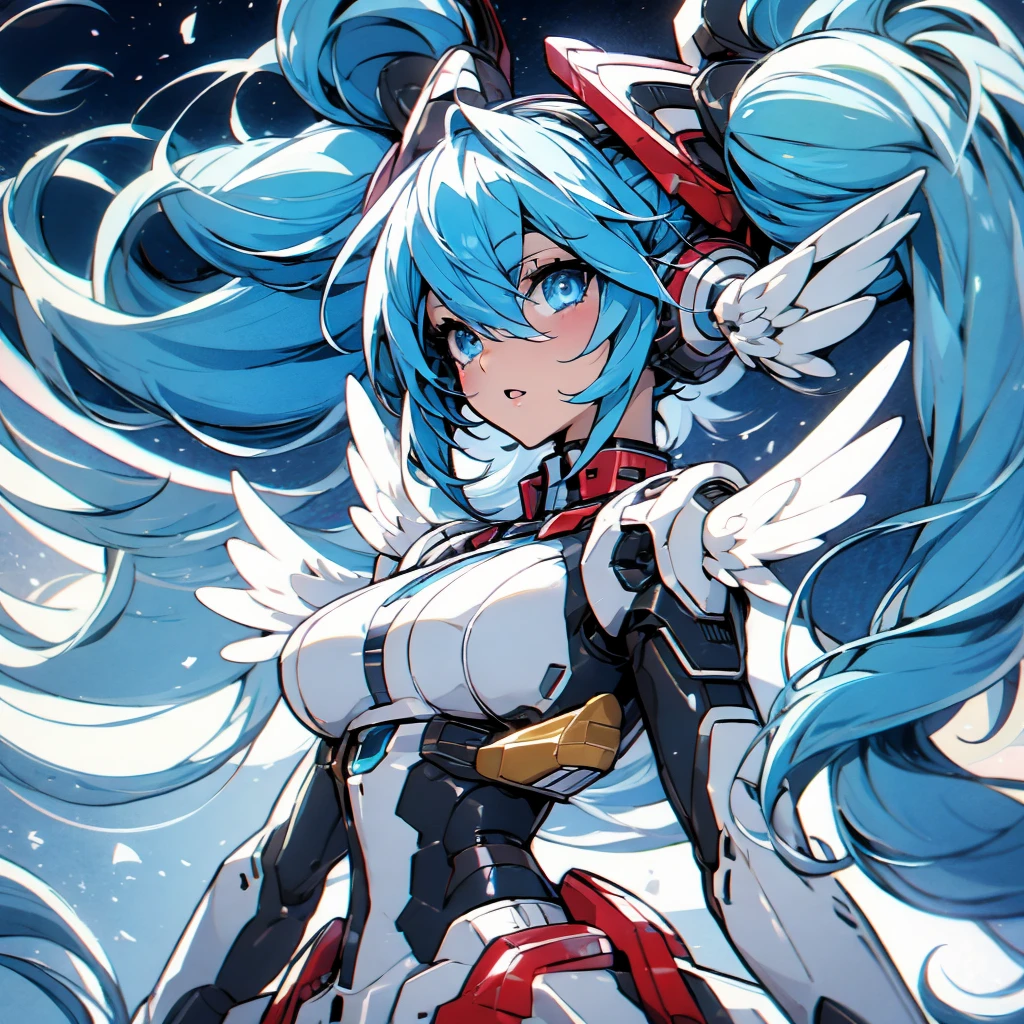 hatunemiku VOCALOID, twin tails, light blue eyes, light blue hair, big breasts, Angel wing, mecha girl, angel