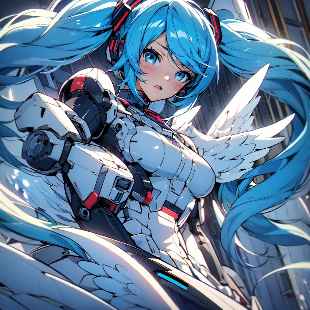hatunemiku VOCALOID, twin tails, light blue eyes, light blue hair, big breasts, Angel wing, mecha girl, angel