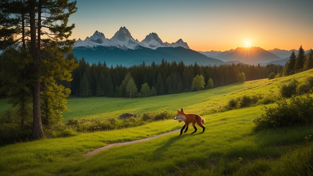 dense and lush green forest, detailed red fox running into the distance, clear sky, dawn 4:00 am, mountains, starry sky, fotogenico
