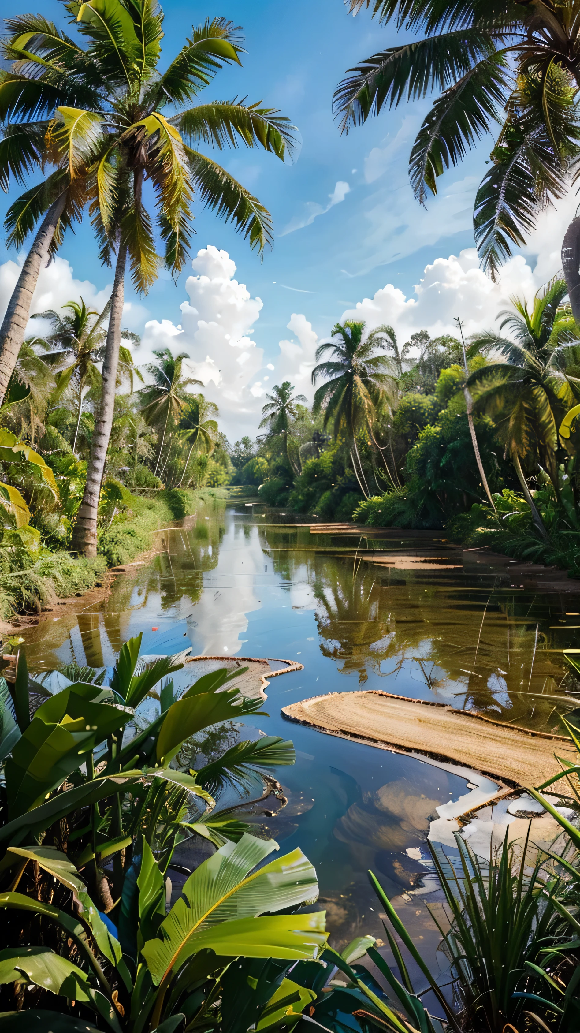 Create a hyperrealistic picture of a beautiful and enchanting view of coconut trees (coconut trees), banana trees (banana trees) on the edge of rice fields (rice fields), wooden fences on the edge of rice fields, small lakes with clear blue water, rivers, oil on rough canvas, textured scumbling technique