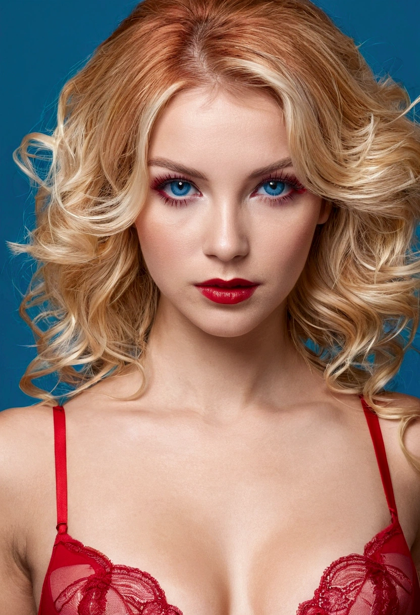 femme en soutien gorge rouge, cheveux blonds, visage fin, yeux bleus