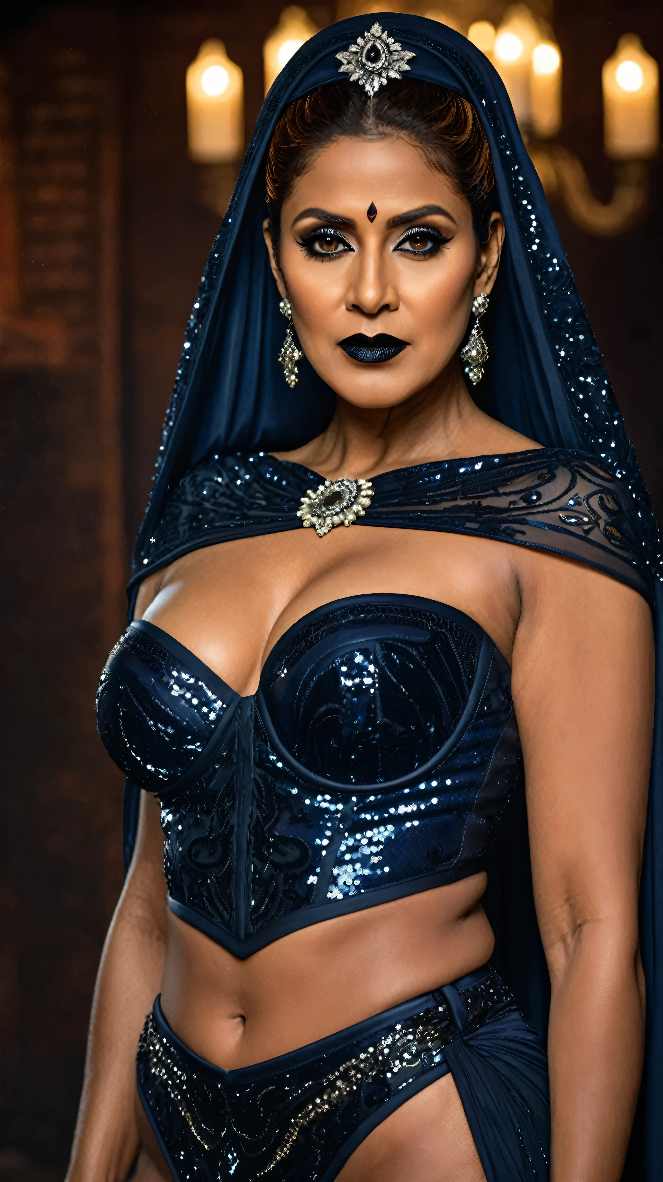 Looks like Nayanthara, milf, cougar lady witch, horny Gothic milf, 50 years old gorgeous mature lady, pervert demoness, demoness of lust, curvy, black lips, horny face, extremely gorgeous, thick figure, heavy physique, voluptuous, curvy, sexy figure, Fashionable portrait of androgynous alien looking witch wearing veil, glowing eyes, futuristic design, minimal details, givenchy, photoreal, 200mm, hd, f/ 2.0, highly detailed, surreal, sexy beautiful evil woman, sexy bold sequin Saree with strapless Bra, chudail, Pishachini, horror genre, blood-thirsty enchantress, powerful female spirit, eerie, drop dead, in the style of red and blue, (intricate details, hyperdetailed:1.15) (skin texture:1.2), dark Moody tone, cinematic lighting, haunted place in background,