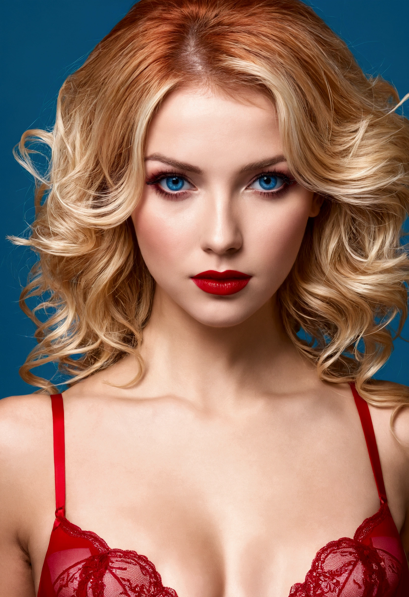 femme en soutien gorge rouge, cheveux blonds, visage fin, yeux bleus