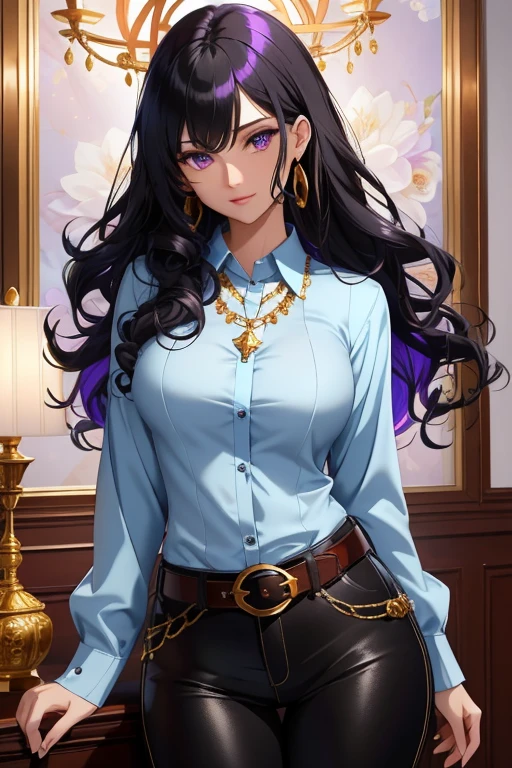 solo,woman,human female, 1girl,((black hair, long hair, curly hair)), (fair skin), young adult, slender body, Purple eyes, blue pupils, detailed hair, detailed face, detailed eyes, detailed sweater, grey sweater, sheathed, rapier, tight shirt, long sleeve shirt, full body, skin-tight pants, collar, flower accents on earrings, blue roses, flower earrings, button up shirt, necklace, gold trim collar, Purple highlights, grand fantasy hall,(masterpiece,high quality, hi res, 8k hd),close-view portrait, looking at viewer, night, indoor, standing, poose belt buckle, pants,