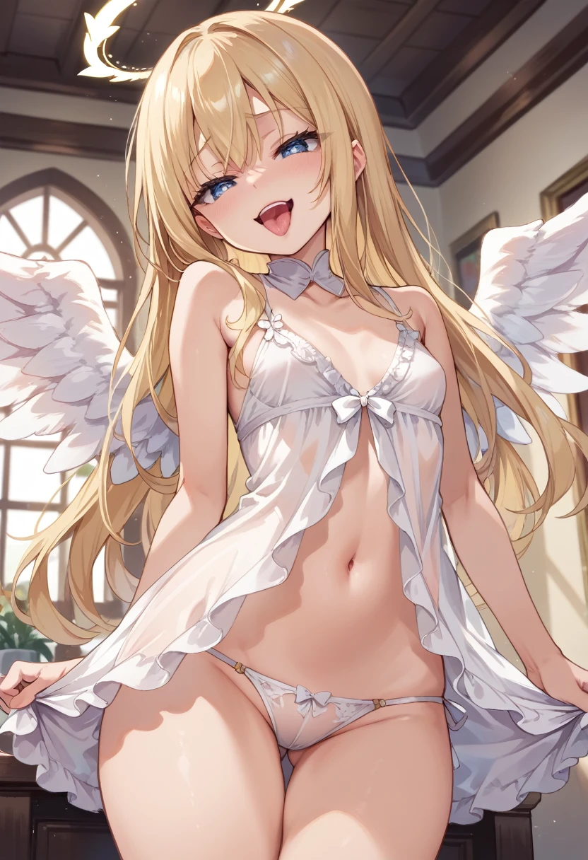 Score_9, score_8_up, 4k, 8k, detailed face, source_anime, smug angel girl with small breasts, pretty girl, thick thighs, blonde hair, long hair, angel wings, white outfit, white babydoll, see-through outfit, inside heaven, tongue, moaning, open mouth,