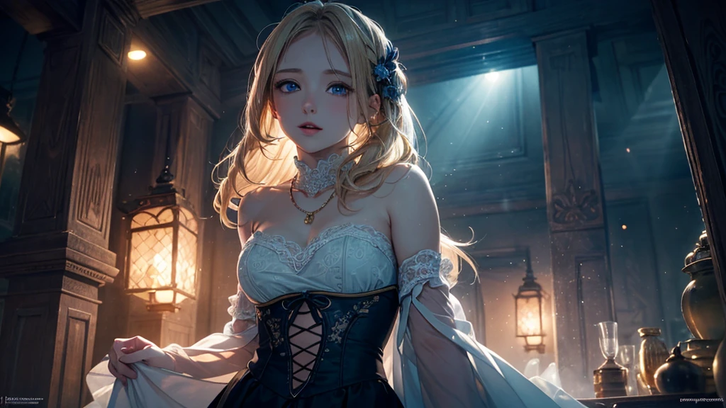 (​masterpiece),(top-quality:1.2),1girl in,(masuter piece:1.3),exquisitedetails, Highest quality 8K resolution, Ultra-detailed, Realistic, Vibrant colors, Soft tones, With warm and gentle lighting,(Smooth straight blonde hair:1.2),(Hair parted in the middle:1.3),(Glowing hair),(Dark blue eyes:1.3),White skin, hair clips,Small necklace,A gentle feeling overflows,The sun's rays illuminate joy and pure love, Warm golden glow,The atmosphere is full of happiness and laughter, As if celebrating love,Ultra-detailed depiction and vivid colors,A style that combines romanticism and realism,depth of love,color palettes,Create an ethereal atmosphere like a dream,Lighting is soft and diffused,masterpiece artwork,light light on the face, lace stockings, slender legs, full length view