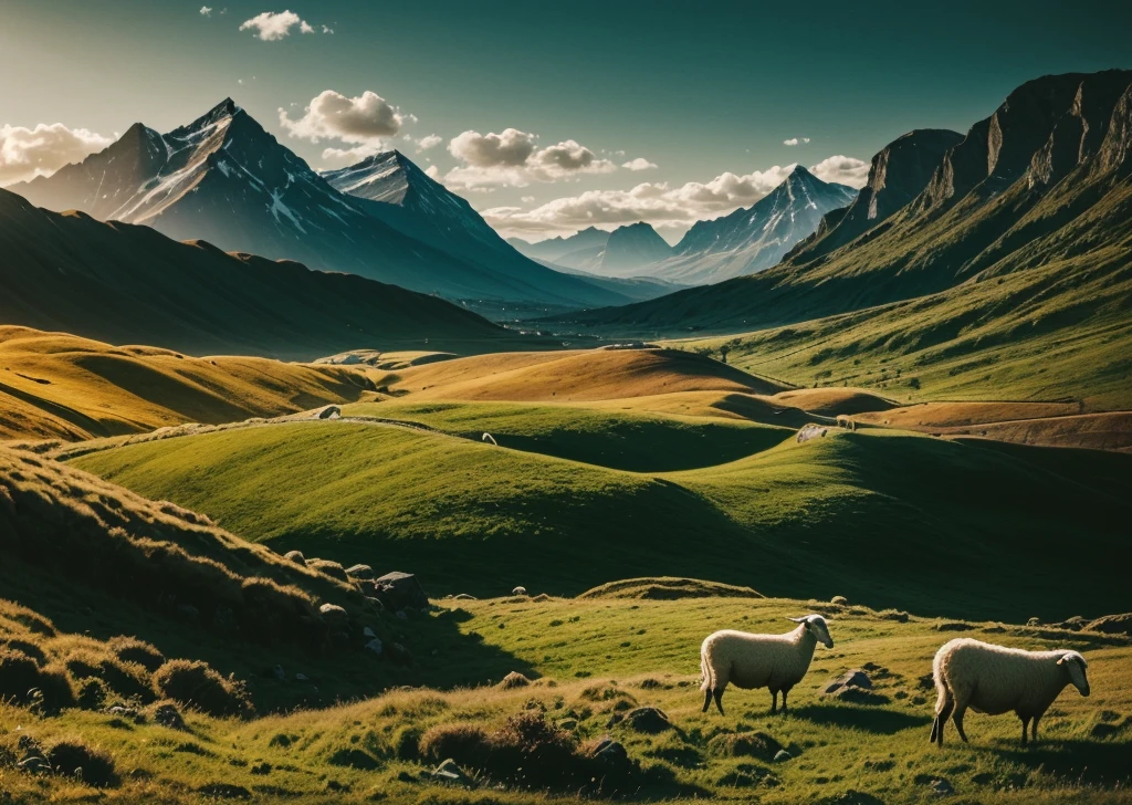 The LORD is my shepherd, I lack nothing. Sheep, Landscape, Cinematic, Shading, Perfect Lighting.