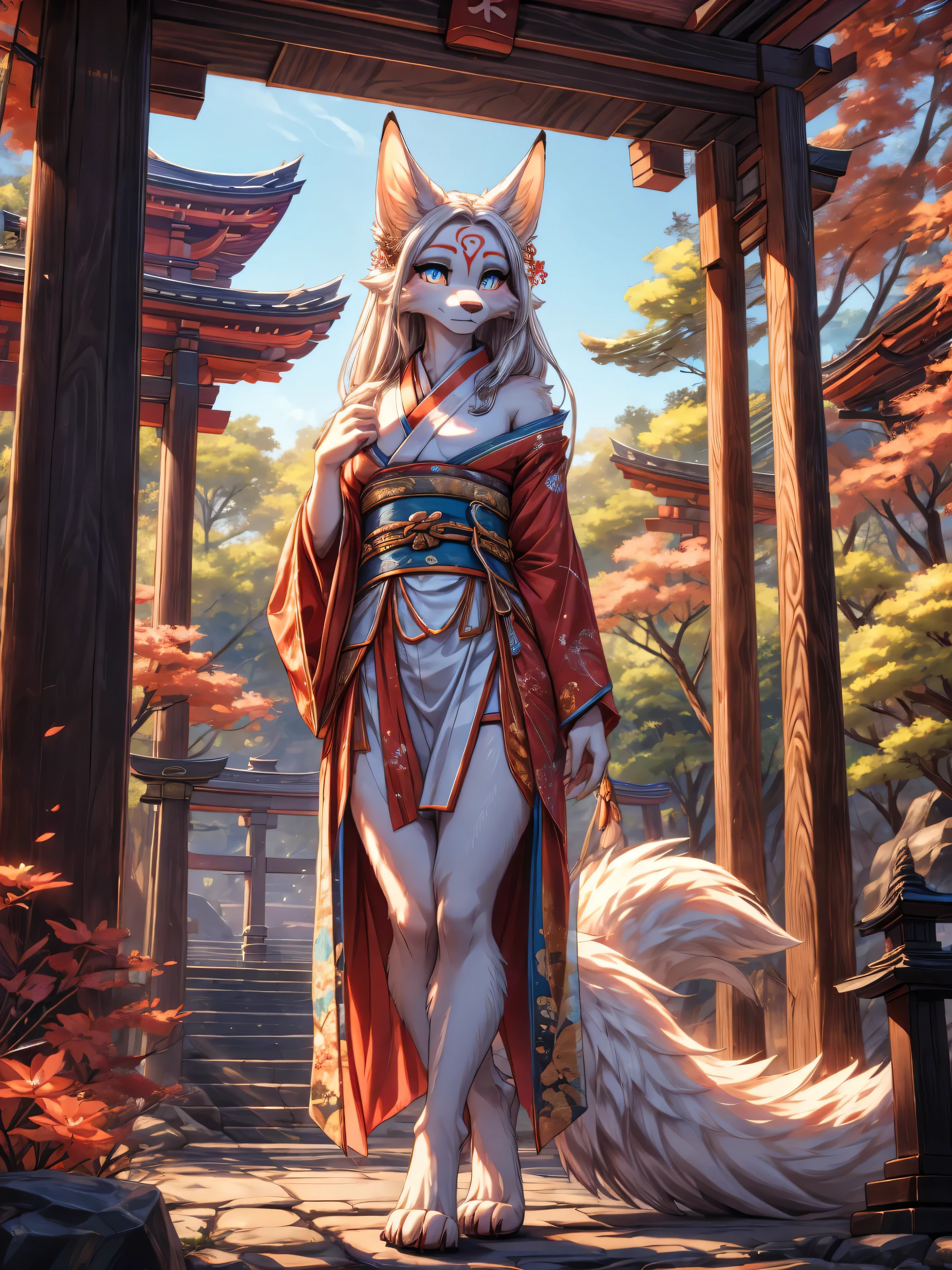 white fur kisune, amaterasu eyes, add high definition_detail:1, blue fur,kitsune ears, tribal tattoo add_detail:1, pretty girl add_detail:1, feudal priestess clothing add_detail:1, japanese shrine scenery add_detail:1, japanese shrine costume add_detail:1, bare left leg add_detail:1, add full body_detail, under a tori gate, super detailed pupils, beautiful eyes, bright pupils