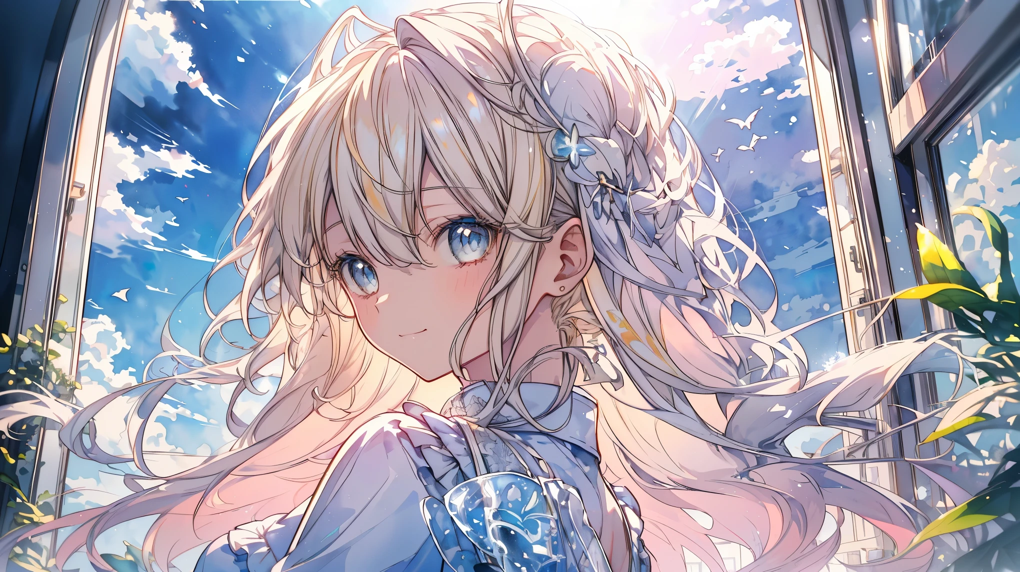 ((super detailed),sky background,beautiful clouds,The light from the back window is backlit.,element,Watercolor pattern in calm colors),(watercolor texture), ((1 girl),long gray hair,blonde hair,blue eyes,adorable,Angelic),light smile,lolita prostitute,best image quality