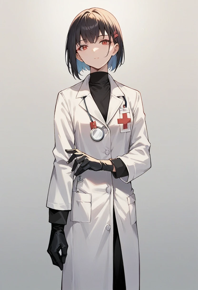 1girl, bangs, ((brown medical gloves)), ((surgical gloves)), ((latex gloves)), ((((long sleeves)))), ((gray surgeon outfit)), looking at viewer, ((gray doctor outfit)), standing, solo