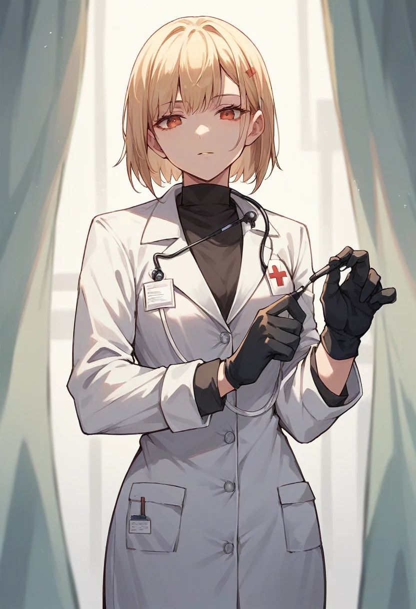 1girl, bangs, ((black medical gloves)), ((((long sleeves)))), looking at viewer, ((white doctor outfit)), standing, solo