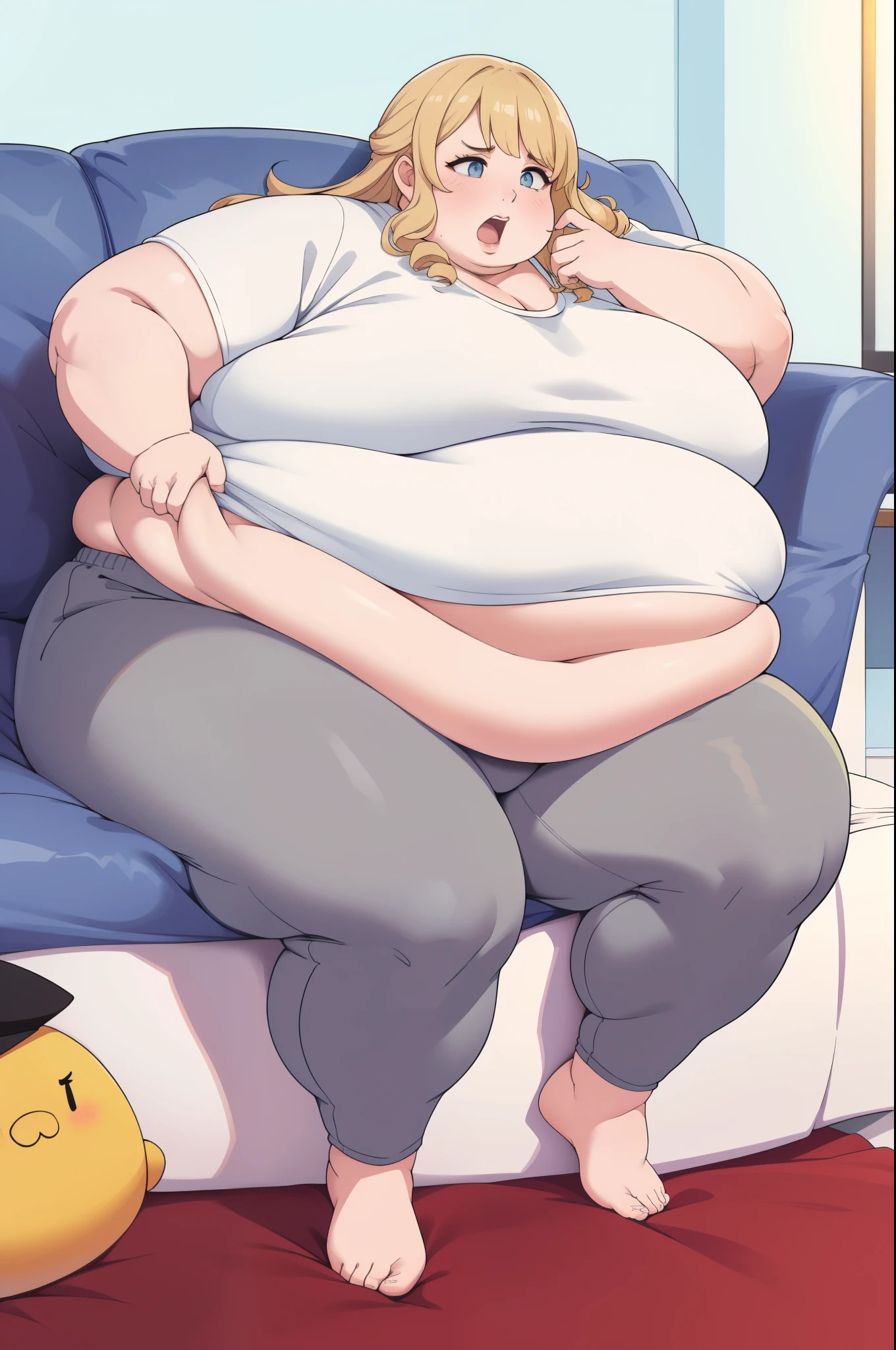 (Morbidly obese:1.0)Solo, middle aged female, 1girl navia, white tshirt, gray sweatpants, stained clothing, looking at viewer, living room , open mouth, exhausted, burping, Round face, double chin, fat chin, fat cheeks, fat neck, round face, SSBBW, flabby arms, round face, double chin, fat double chin, big double chin, fat neck, chubby cheeks, fat thighs, fat calves, morbidly obese, flabby , giant , large belly, obese, fat face, belly, double chin, obesity, flabby breasts, fat arms and legs, fat everything, sitting on couch, fancy living room, long blonde hair