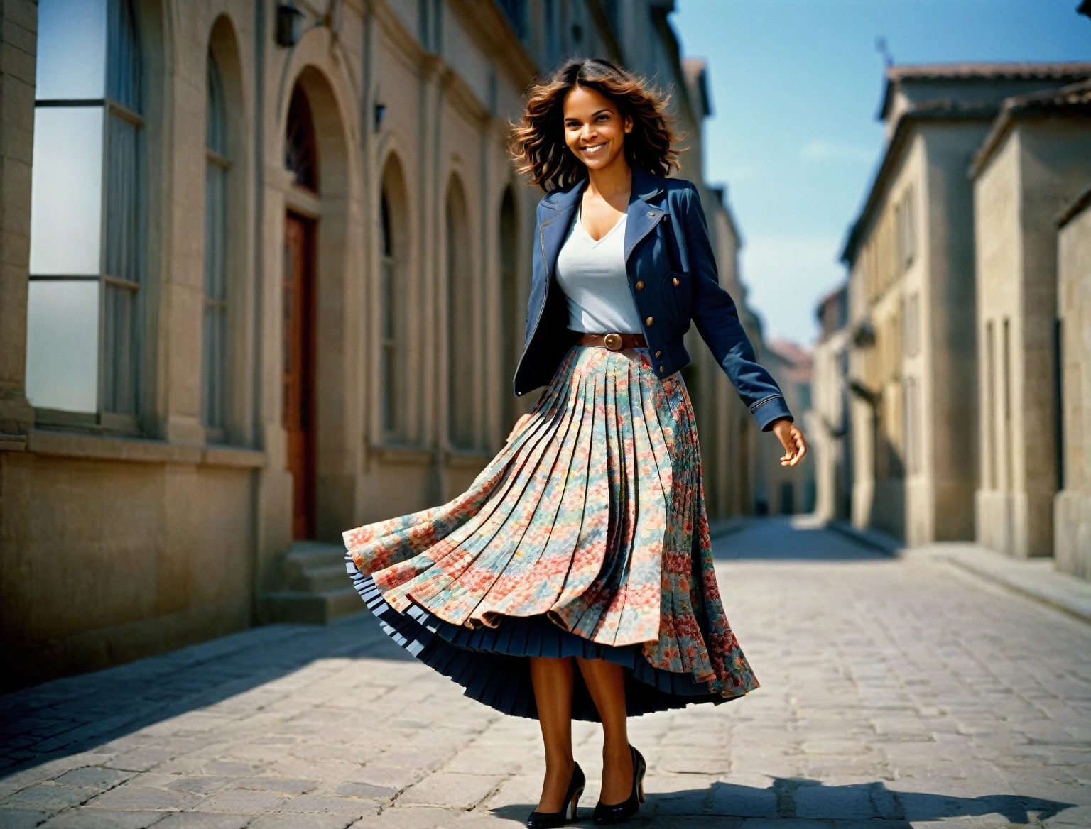 Halle Berry is A smiling, authentic, (shy:1,3), kind, beautiful woman, passionately in love with her skirt, wind wildly lifts her skirt, wearing uniform jacket and very, very detailed (long (fully pleated) full circle skirt) and (low heeled court shoes), very, very intricate hyper-detailed symmetric (attractive graceful young feminine face) with (sad, tired eyes and a loving smile), very voluptuous breasts, full of empathy and compassion and love, (pronounced (feminine) features), (highly detailed ultra accurate realistic) hands and fingers, (windy), epic composition, highly detailed attributes, (35mm f1.4 Kodak portra 400 photograph), extremely high quality RAW photograph, highly detailed atmosphere, sci-fi, cinematic shot, dynamic lighting, 75mm, Technicolor, Panavision, cinemascope, sharp focus, fine details, 8k, HDR, realism, realistic, key visual, film still, superb cinematic color grading, depth of field
