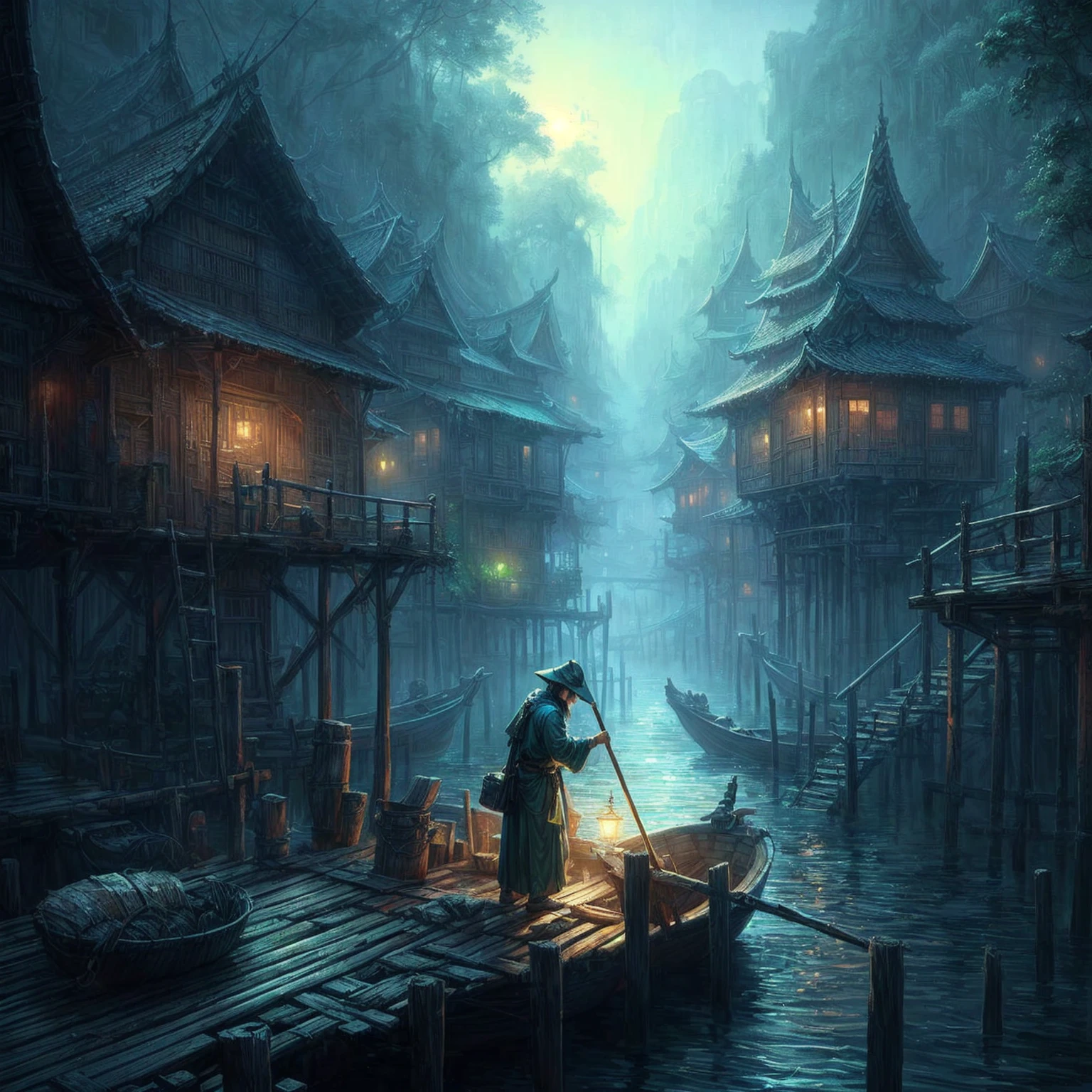 painting of a man on a boat in a river with a boat in the water, andreas rocha style, inspired by Andreas Rocha, the style of andreas rocha, by Andreas Rocha, painted by andreas rocha, detailed digital 2d fantasy art, moody misty fantasy art, digital 2d fantasy art, 4k fantasy art, dreamy chinese town