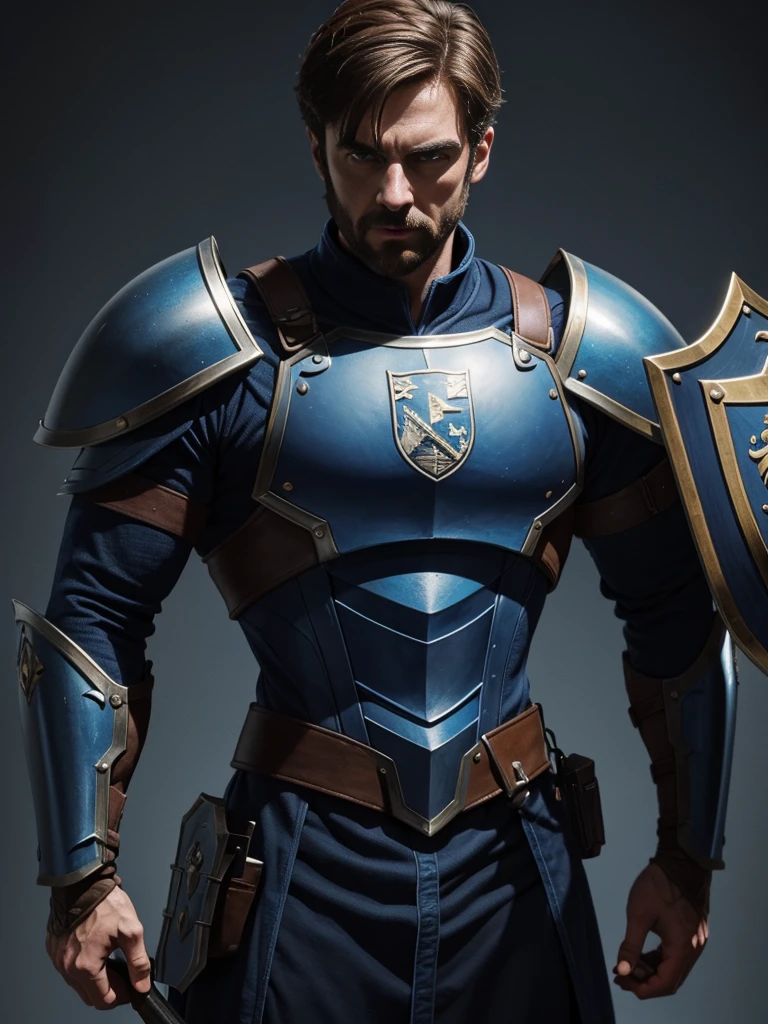 best quality, well built, well detailed, of arms, shield is a deep shade of blue.