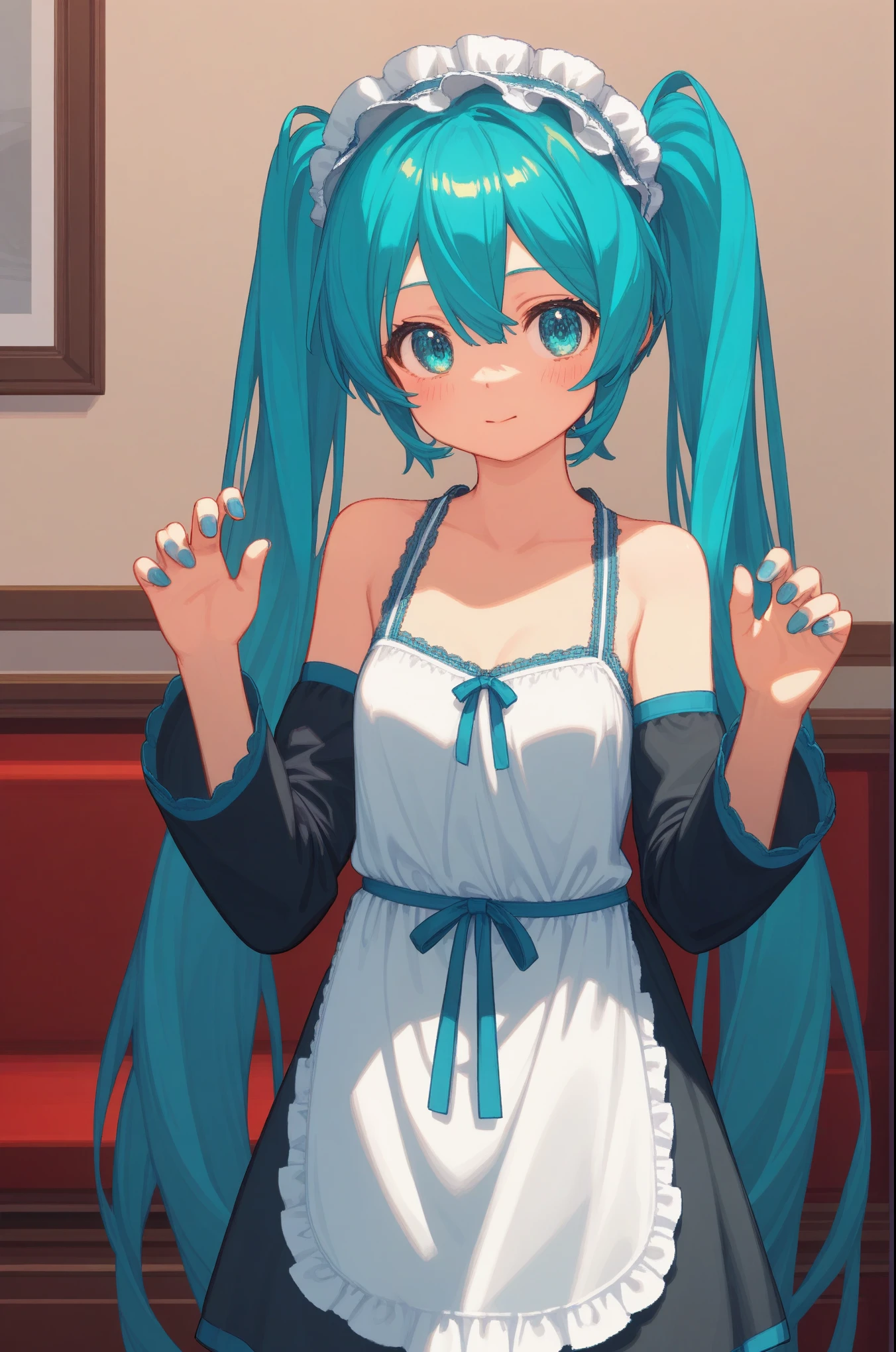 pixel art 1girl, hatsune miku, standing alone, twintails, long hair, housekeeper headdress, grainata, Olhando para o inisualizador, in, housekeeper, apron, detached sleeves, water eyes, trunk, blush, cloused mouth, hair between the eyes, aqua hair, chemise, grey chemise, aqua grainata, black sleeves, hands up, volantes, 弓, sleeveless chemise, sleeveless, nails aqua, long sleeves, glaze, housekeeper apron, hair 弓, blue nails . Low resolution