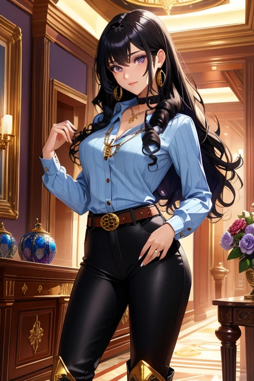 solo,woman,human female, 1girl,((black hair, long hair, curly hair)), (fair skin), young adult, slender body, Purple eyes, blue pupils, detailed hair, detailed face, detailed eyes, detailed sweater, grey sweater, sheathed, rapier, tight shirt, long sleeve shirt, full body, skin-tight pants, collar, flower accents on earrings, blue roses, flower earrings, button up shirt, necklace, gold trim collar, Purple highlights, grand fantasy hall,(masterpiece,high quality, hi res, 8k hd),close-view portrait, looking at viewer, night, indoor, standing, poose belt buckle, tight boots, full body 