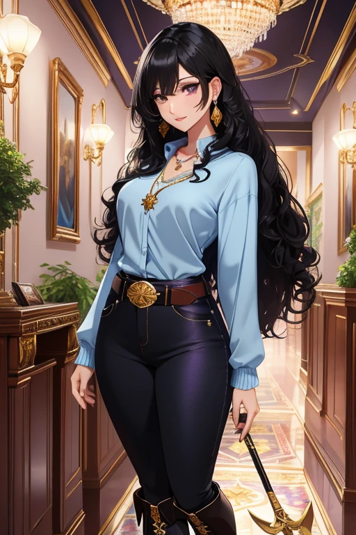 solo,woman,human female, 1girl,((black hair, long hair, curly hair)), (fair skin), young adult, slender body, Purple eyes, blue pupils, detailed hair, detailed face, detailed eyes, detailed sweater, grey sweater, sheathed, rapier, tight shirt, long sleeve shirt, full body, skin-tight pants, collar, flower accents on earrings, blue roses, flower earrings, button up shirt, necklace, gold trim collar, Purple highlights, grand fantasy hall,(masterpiece,high quality, hi res, 8k hd),close-view portrait, looking at viewer, night, indoor, standing, poose belt buckle, tight boots, full body