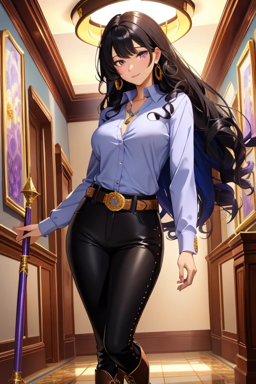 solo,woman,human female, 1girl,((black hair, long hair, curly hair)), (fair skin), young adult, slender body, Purple eyes, blue pupils, detailed hair, detailed face, detailed eyes, detailed sweater, grey sweater, sheathed, rapier, tight shirt, long sleeve shirt, full body, skin-tight pants, collar, flower accents on earrings, blue roses, flower earrings, button up shirt, necklace, gold trim collar, Purple highlights, grand fantasy hall,(masterpiece,high quality, hi res, 8k hd),close-view portrait, looking at viewer, night, indoor, standing, poose belt buckle, tight boots, full body 