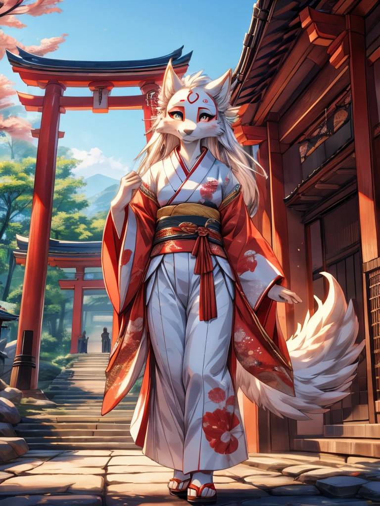 Kistune amaterasu Okami, add high definition_detagregate_detail:1, japanese shrine scenery add_detail:1, japanese shrine costume add full body_detail, under a tori gate, super detailed pupils, beautiful eyes, bright pupils 
