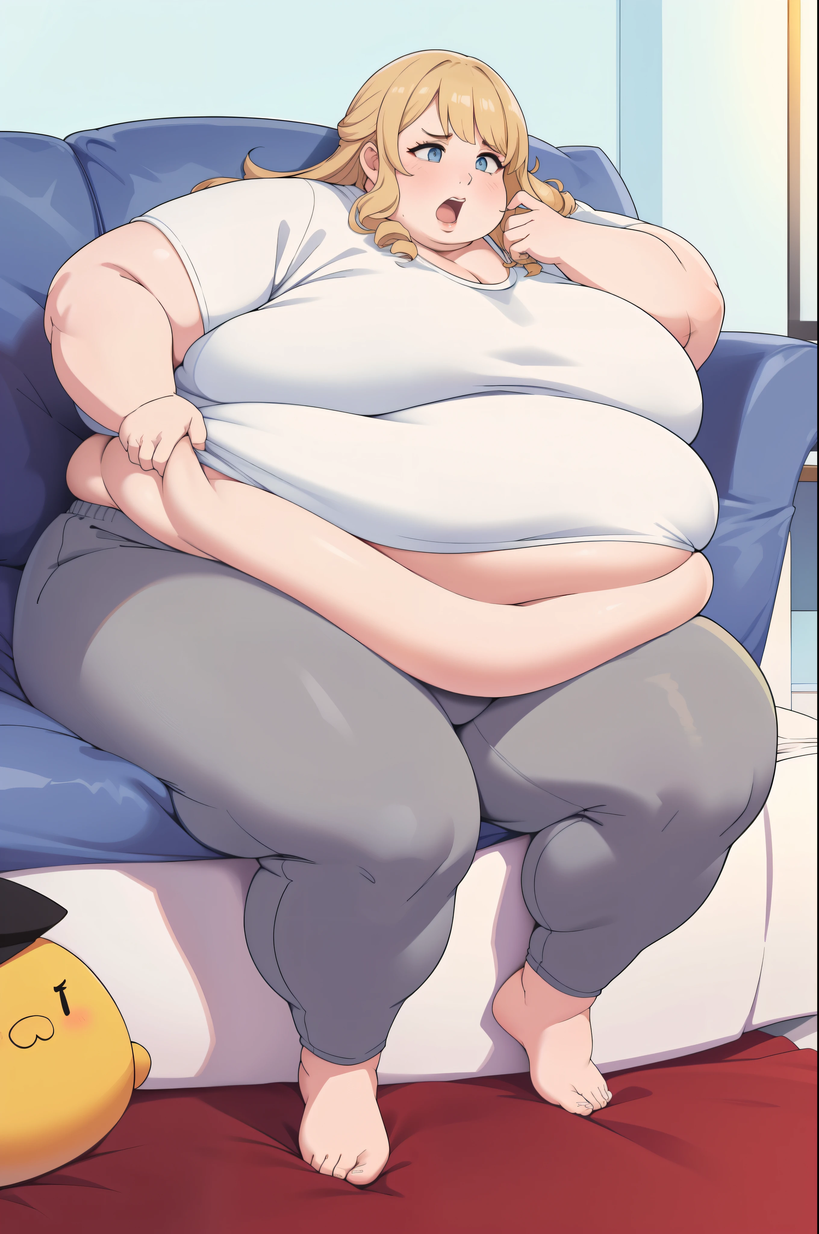 (Morbidly obese:1.0)Solo, middle aged female, 1girl navia, white tshirt, gray sweatpants, stained clothing, looking at viewer, living room , open mouth, exhausted, burping, Round face, double chin, fat chin, fat cheeks, fat neck, round face, SSBBW, flabby arms, round face, double chin, fat double chin, big double chin, fat neck, chubby cheeks, fat thighs, fat calves, morbidly obese, flabby , giant , large belly, obese, fat face, belly, double chin, obesity, flabby breasts, fat arms and legs, fat everything, sitting on couch, fancy living room, long blonde hair
