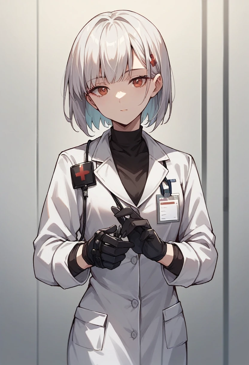 1girl, bangs, ((black medical gloves)), ((((long sleeves)))), looking at viewer, ((white doctor outfit)), standing, solo