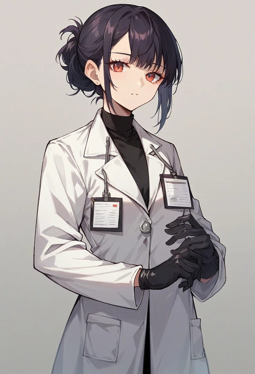 1girl, bangs, ((black medical gloves)), ((((long sleeves)))), looking at viewer, ((white doctor outfit)), standing, solo