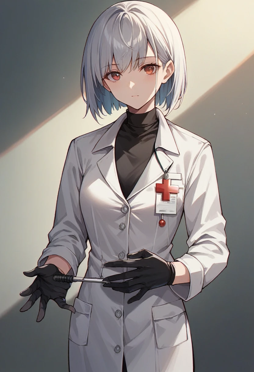 1girl, bangs, ((black medical gloves)), ((((long sleeves)))), looking at viewer, ((white doctor outfit)), standing, solo