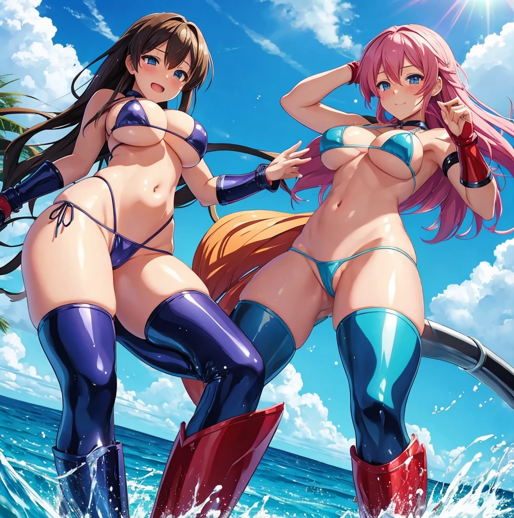 some pretty anime characters fighting over water with one another over the top of them a sun blushing lewd face while wearing very tight boots micro bikini
