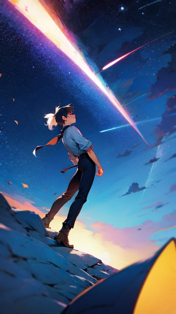 !Boy, ((Low Angle Shot:1)), manga perspective, camera at feet looking up!, night sky, shooting star, Low Angle Shot