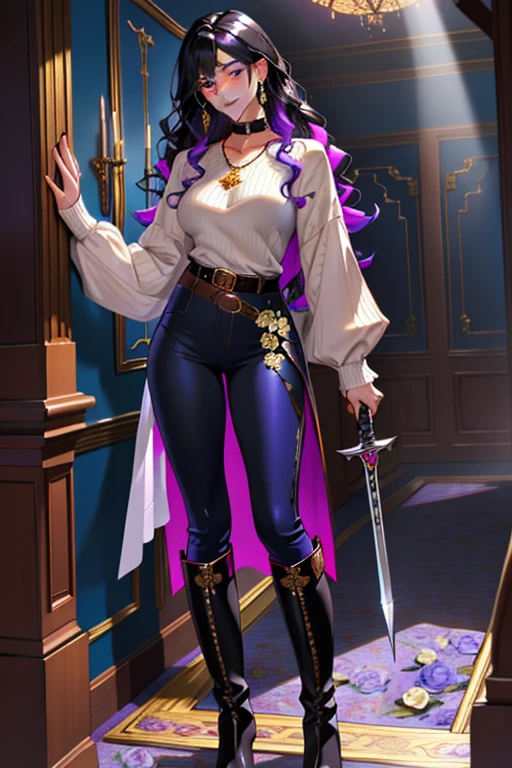 solo,woman,human female, 1girl,((black hair, long hair, curly hair)), (fair skin), young adult, slender body, Purple eyes, blue pupils, detailed hair, detailed face, detailed eyes, detailed sweater, grey sweater, sheathed, rapier, tight shirt, long sleeve shirt, full body, skin-tight pants, collar, flower accents on earrings, blue roses, flower earrings, button up shirt, necklace, gold trim collar, Purple highlights, grand fantasy hall,(masterpiece,high quality, hi res, 8k hd),close-view portrait, looking at viewer, night, indoor, standing, poose belt buckle, tight boots, full body 