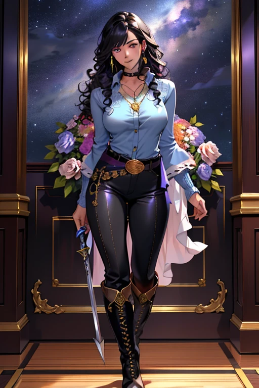 solo,woman,human female, 1girl,((black hair, long hair, curly hair)), (fair skin), young adult, slender body, Purple eyes, blue pupils, detailed hair, detailed face, detailed eyes, detailed sweater, grey sweater, sheathed, rapier, tight shirt, long sleeve shirt, full body, skin-tight pants, collar, flower accents on earrings, blue roses, flower earrings, button up shirt, necklace, gold trim collar, Purple highlights, grand fantasy hall,(masterpiece,high quality, hi res, 8k hd),close-view portrait, looking at viewer, night, indoor, standing, poose belt buckle, tight boots, full body 