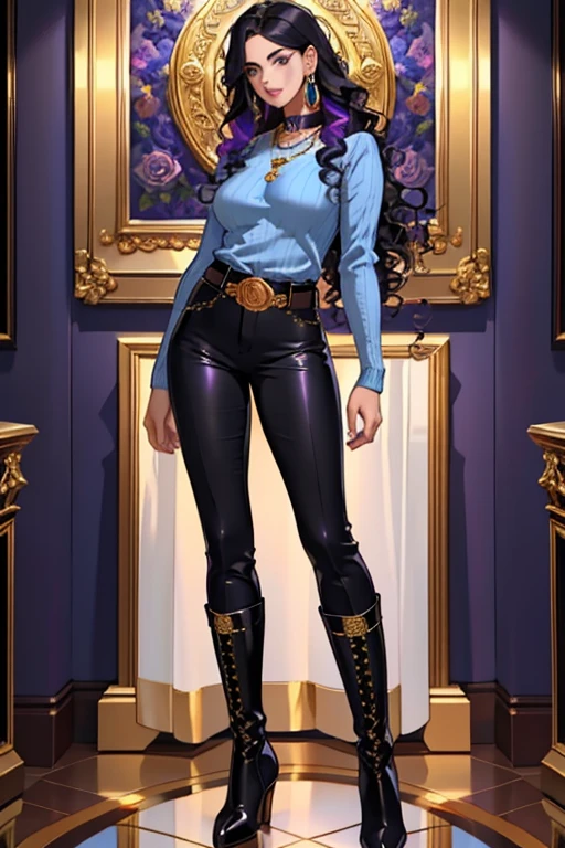 solo,woman,human female, 1girl,((black hair, long hair, curly hair)), (fair skin), young adult, slender body, Purple eyes, blue pupils, detailed hair, detailed face, detailed eyes, detailed sweater, grey sweater, sheathed, rapier, tight shirt, long sleeve shirt, full body, skin-tight pants, collar, flower accents on earrings, blue roses, flower earrings, button up shirt, necklace, gold trim collar, Purple highlights, grand fantasy hall,(masterpiece,high quality, hi res, 8k hd),close-view portrait, looking at viewer, night, indoor, standing, poose belt buckle, tight boots, full body