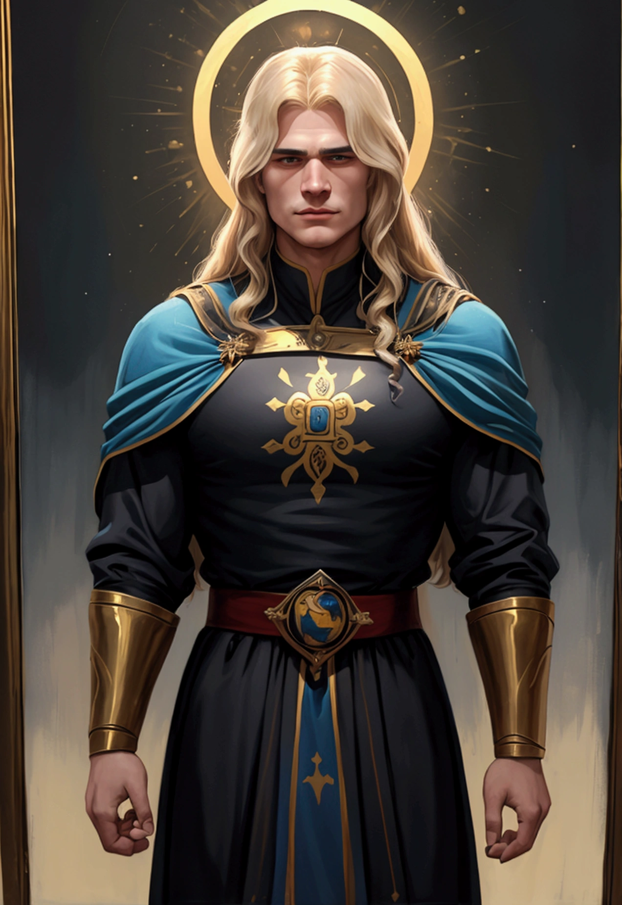 ((Лучшее качество)), ((шедевр)), (подробный),Henry Cavill, golden long hair, blond, clean face without beard, in the style of an Orthodox icon in blue colour, a halo of ice, a painting, The emperor's clothes, a medieval painting, "Saved by Man-made"