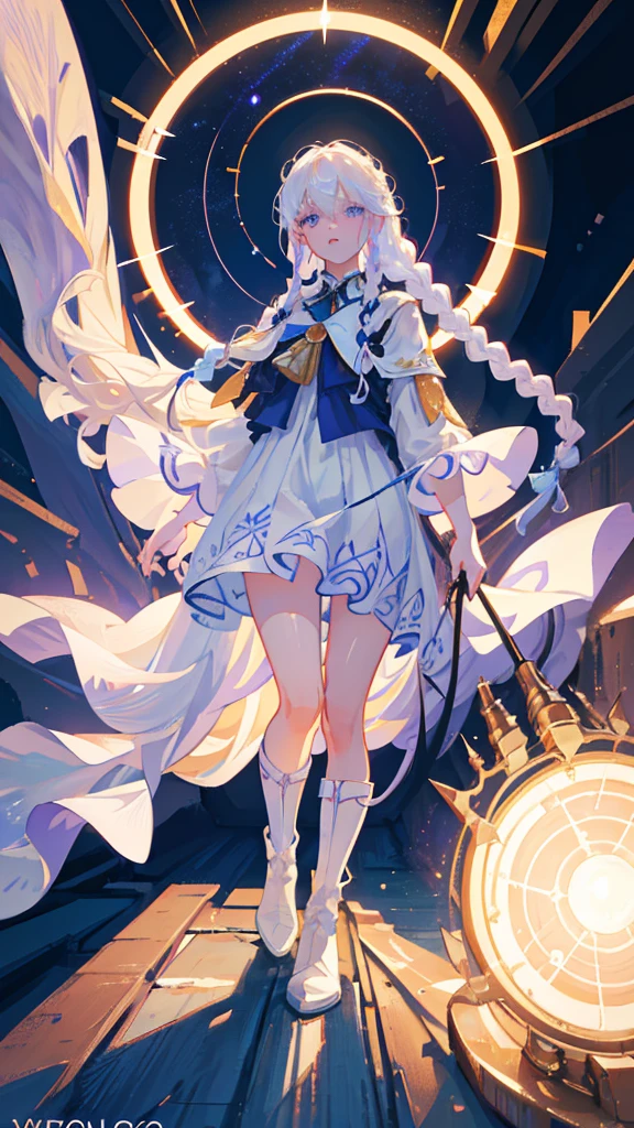 1 girl, long loose and white hair with braids, white hair, blue eyes, purple eyes, surrounded by stars and constellations, simple basic elegant white dress, brown boots, detailed face, beautiful detailed eyes, beautiful detailed lips, extremely eyes and face detailed, long eyelashes, fantasy, high quality, 8k, photorealistic, cinematic lighting, volumetric lighting, dramatic lighting, intricate details, detailed fabric textures, masterpiece, (best quality, 4k, 8k, high resolution, masterpiece: 1.2) , ultra detailed, (realistic, photorealistic, photorealistic:1.37)