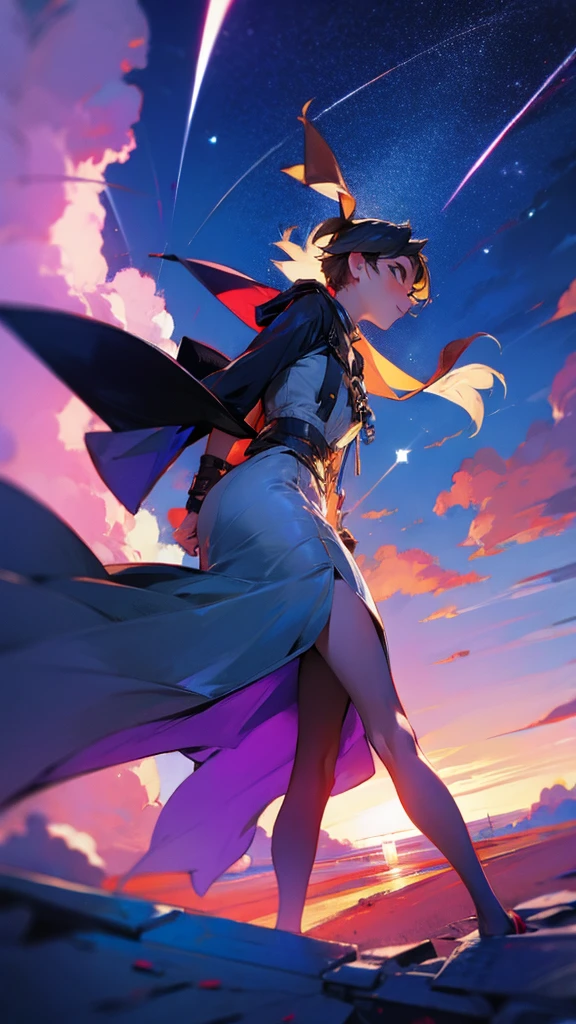 !Boy, ((Low Angle Shot:1)), wide angle camera, character in front of camera, camera at feet looking up!, night sky, shooting star, Low Angle Shot