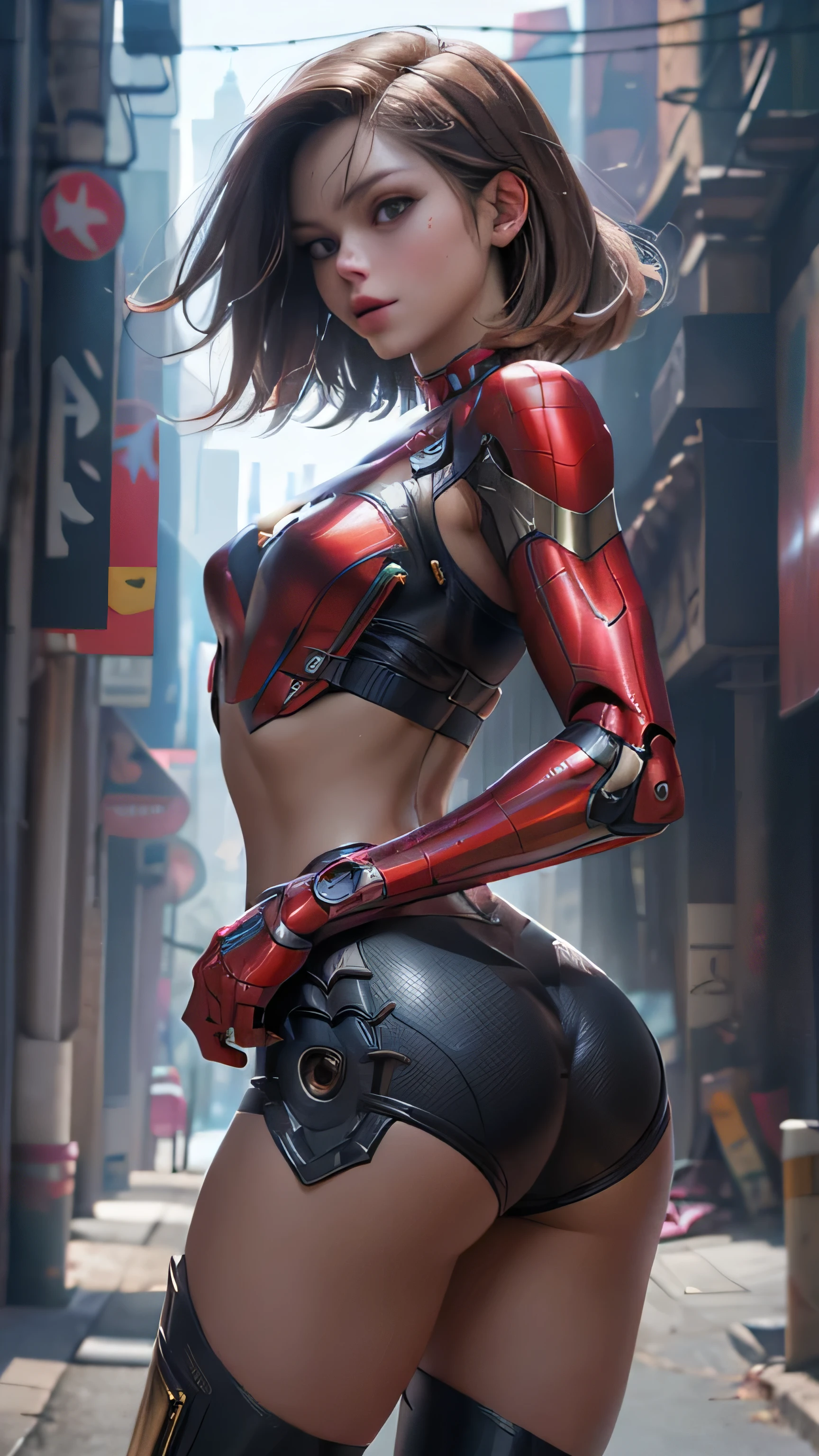 (rear view, backside view),((masterpiece, 8K, 3D, Realistic, Super Detail)), (1girl:1.3), slender 16 age, Ultra Micro photography, Melissa Benoist Super realistic, Perfect face, 16K resolution, 4k resolution, The photo was taken from the Front, facing to the photographer, Foreground photo, dynamic lighting, posing on a pedestal, high-definition resolution, Beautiful features, ((Perfect female Model Slim body)) Beautiful features, Standing pose, ((small hip)), (((2 piece Hotpants-Bikini))), Sci-fi futuristic, ((Iron man armor)) ((bionic Fragmented Super Girl chest armor suit)), ((Exposed slim thighs)), wear mesh metal-stockings, ((slim thighs)), ((bionic Slim thighs Spider man armor)), Front Full body Shot, full body portrait, perfect legs, Iron Man shoes, futuristic city background
