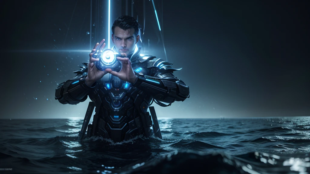 The man holding in his hands futuristic style technology power in the middle of the sea