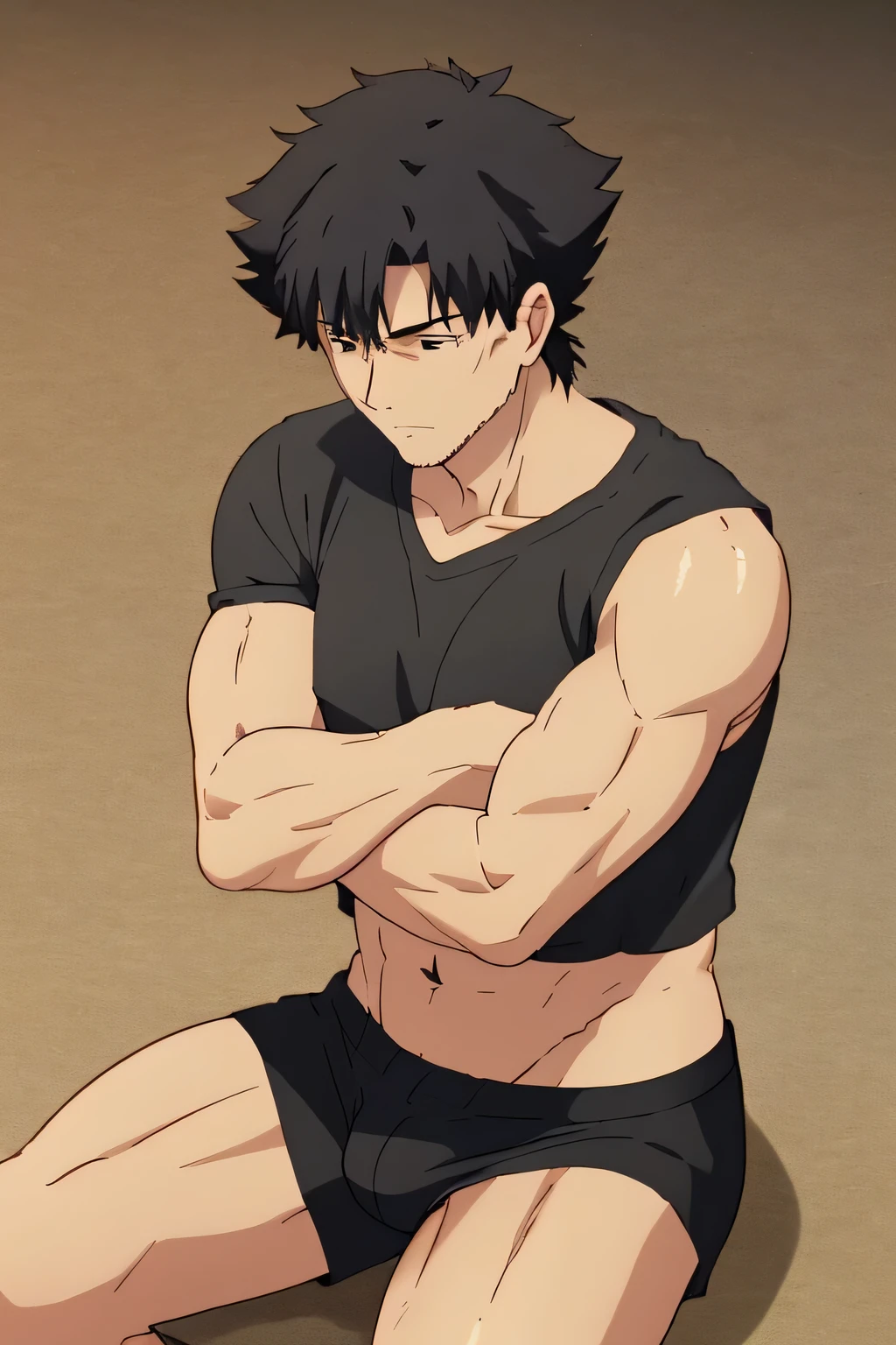 Kiritsugu is sitting and flexing his arms. He wears a black tshirt with short sleeves. His right sleeve is completely rolled up, so you can see his entire arm and shoulder. He wears black short boxershorts. You can see his thighs completely. He has a huge bulge. You can see his abs too. He is admiring his arms.