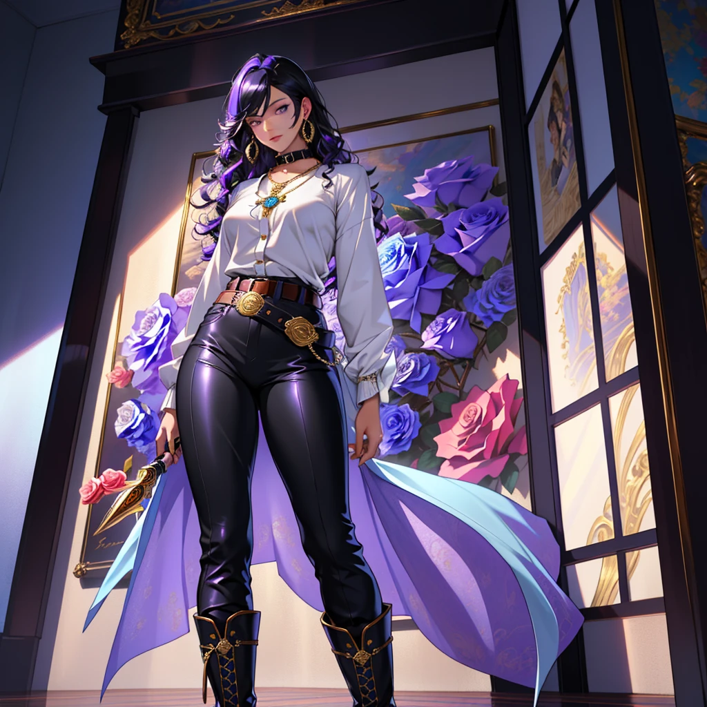 solo,woman,human female, 1girl,((black hair, long hair, curly hair)), (fair skin), young adult, slender body, Purple eyes, blue pupils, detailed hair, detailed face, detailed eyes, detailed sweater, grey sweater, sheathed, rapier, tight shirt, long sleeve shirt, full body, skin-tight pants, collar, flower accents on earrings, blue roses, flower earrings, button up shirt, necklace, gold trim collar, Purple highlights, grand fantasy hall,(masterpiece,high quality, hi res, 8k hd),close-view portrait, looking at viewer, night, indoor, standing, poose belt buckle, tight boots, full body