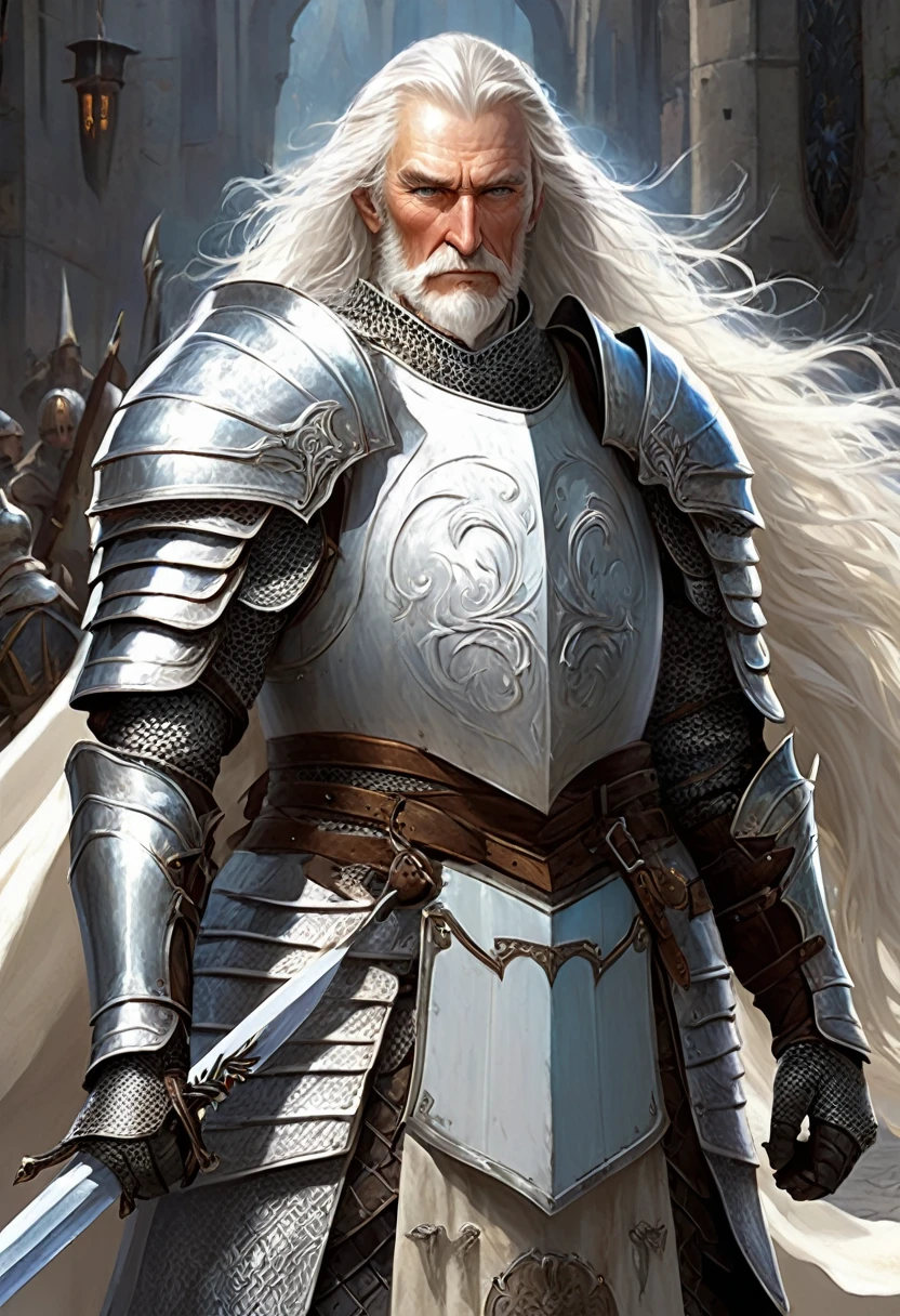 Old Knight, 65 years, tall, pale blue eyes, white long hair, lined features, handsome for his age, strong, duty-full look, solemn, complete white armor and shield, long sword