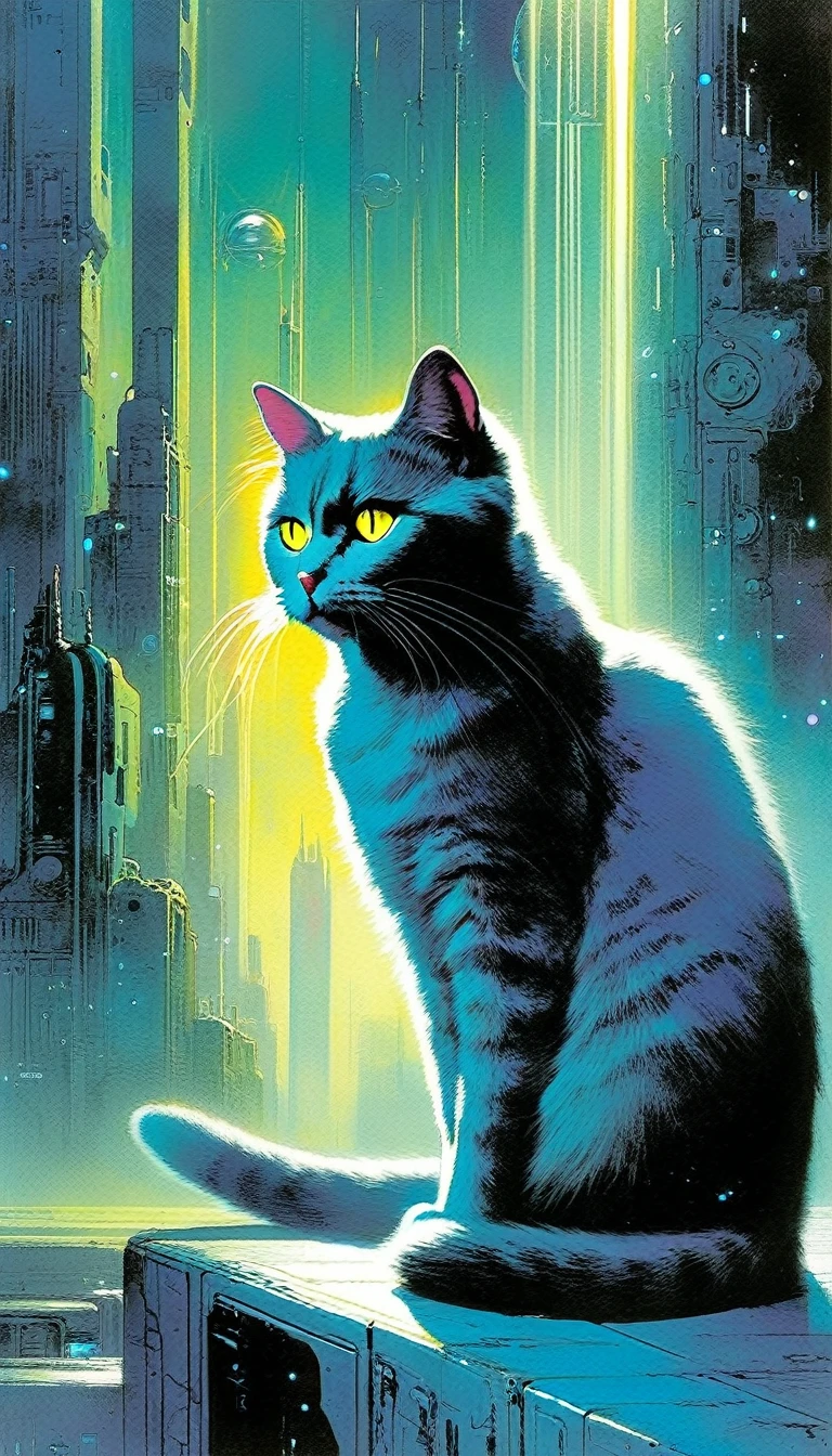 gray cat, clockworld: 1.5, futuristic world: 1.5, Bill Sienkiewicz inspired art