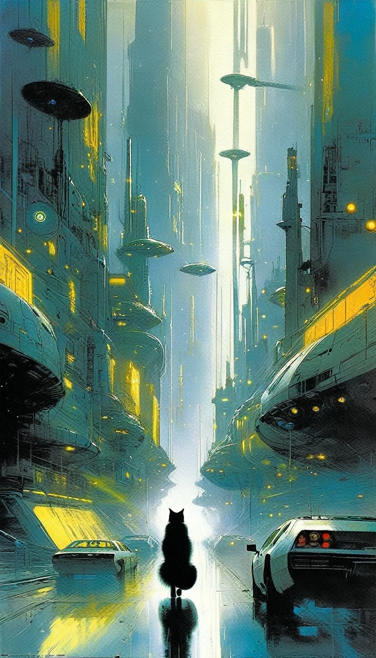 gray cat, clockworld: 1.5, futuristic world: 1.5, Bill Sienkiewicz inspired art